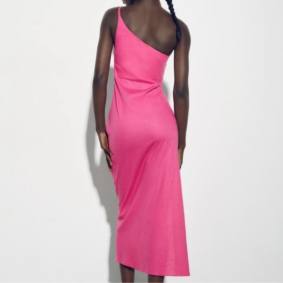 NWT ZARA Pink Linen Asymmetrical One Shoulder Midi Dress Sz M - Picture 8 of 10